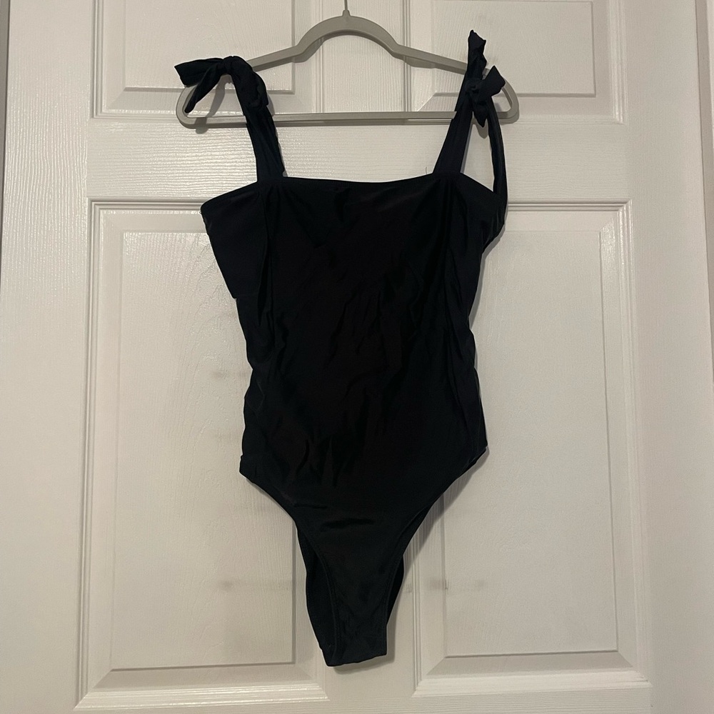 Black One-Piece Slimming Swimsuit with Bow Tie Adjustable Straps